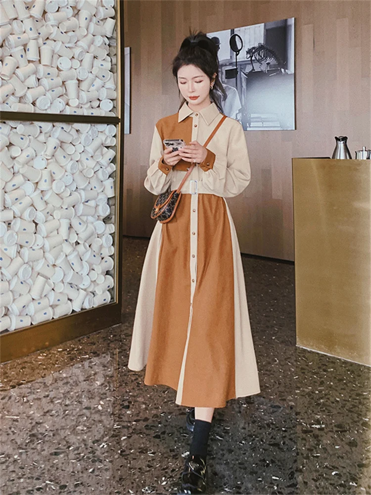 

Fashion Spliced Color Shirt Dress for Women 2022 Autumn New Long Sleeve Lapel Belt French Style Elegant Loose Maxi Dresses 3110