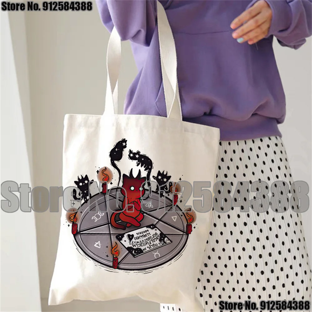

Satan Demon Death Scary Anime Canvas Bag Women Devil Print Funny Cartoon Shopper Bag Grim Reaper Baphomet Shoulder Bags Female