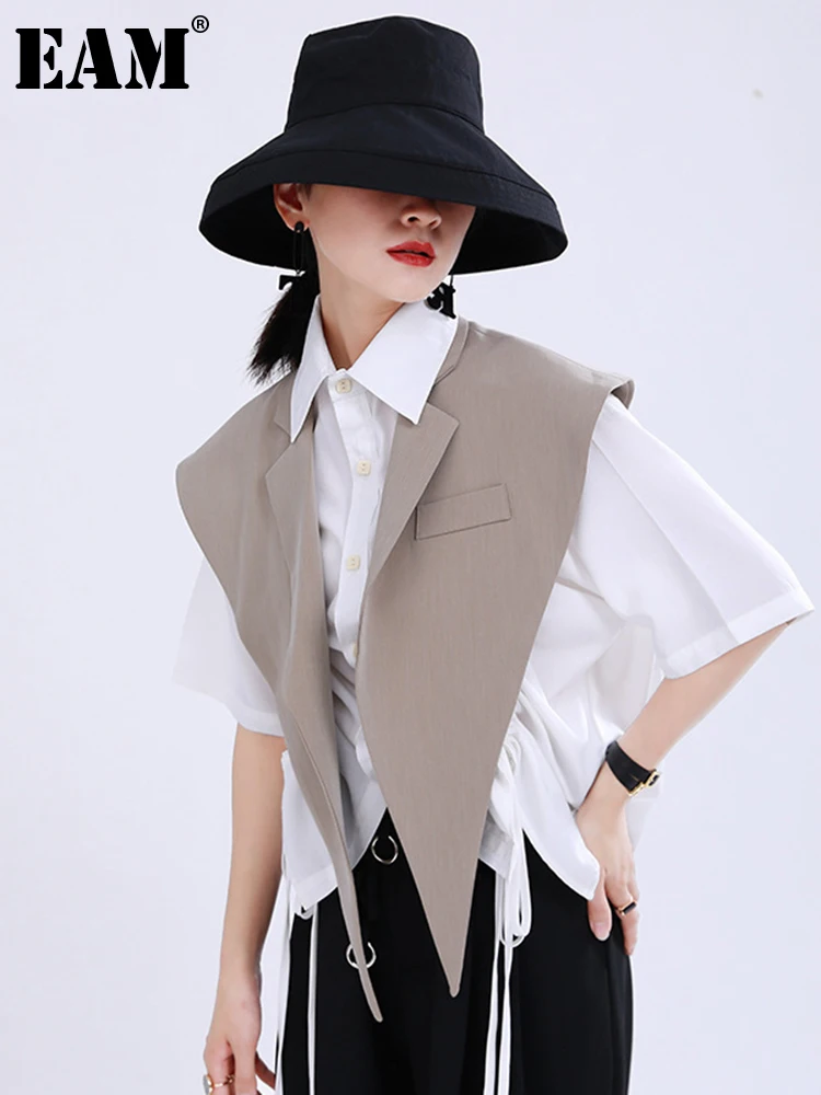 

[EAM] Women Loose Fit Khaki Black Brief Irregular Split Joint Vest New Lapel Sleeveless Fashion Tide Spring Summer 2022 1U527