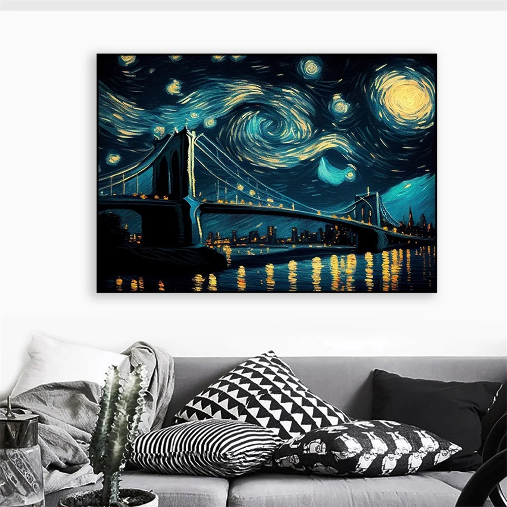 

The Starry Night New York Print Poster Abstract Graffiti City Skyline Bridge Wall Art Canvas Painting for Living Room Home Decor