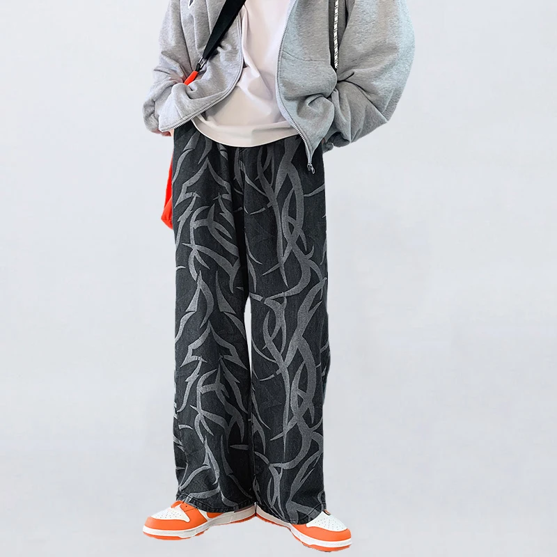 

Four Seasons Men's Jeans Y2K Men's Printed Jeans Straight Casual Pants Fashion Street Japanese Retro Drawstring Mopping Pants