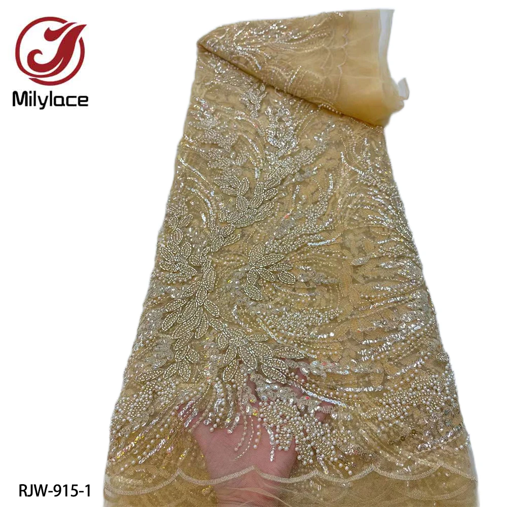 

African Handmade Beaded Lace Fabric French Sequins Lace Fabric 2022 High Quality Nigerian Lace Fabrics for Party Sewing RJW-915