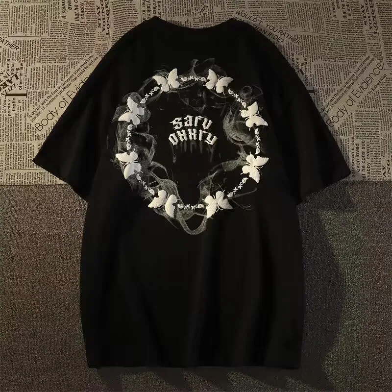 

Cotton Trendy Brand Butterfly Short Sleeved T-shirt for Men and WomenLoose Fitting Inset Street Style American Oversize Top