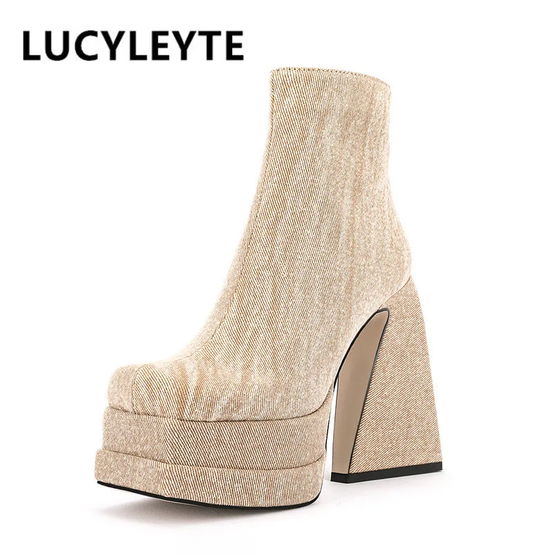 

2022 Women's Autumn and Winter New European and American Fashion Denim High Heel Thick Bottom Side Zipper Short Boots