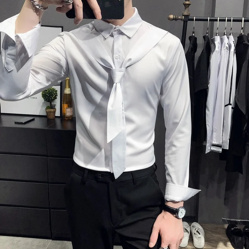 

Fashion Solid Shirts for Men Long Sleeve Streetwear Chemise Homme Tie Decoration Slim Fit Casual Shirt Party Clothing Camisa