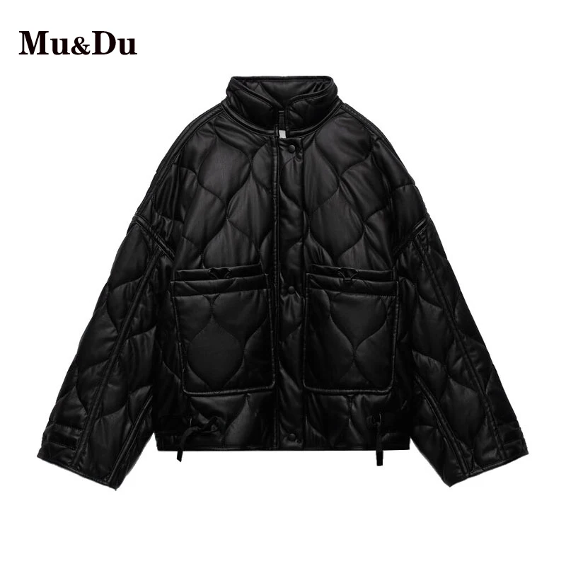 

Новинка 2023, зимнее пальто Mu & Du из искусственной кожи, женские парки, пальто, зимняя куртка, верхняя одежда из искусственной кожи с карманами ...