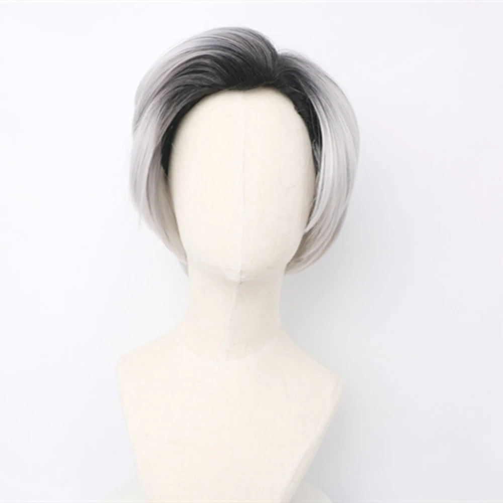 

Free Beauty Cosplay Wigs for Men Synthetic Grey Ombre Short Carlos Cos Male Wig Hairpiece Side Parting High Temperature Fiber