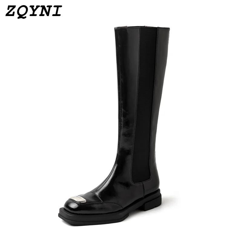 

ZQYNI Women's Natural Genuine Leather Boots Narrow Pointed Metal Boots Square High Heels Spring and Autumn Shoes Party Leisure