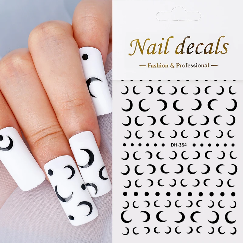 

1pcs Crescent Moon Nail Stickers Black White Adhesive Slider 3D DIY Transfer Decals Nail Art Decorations Manicure Accesoires