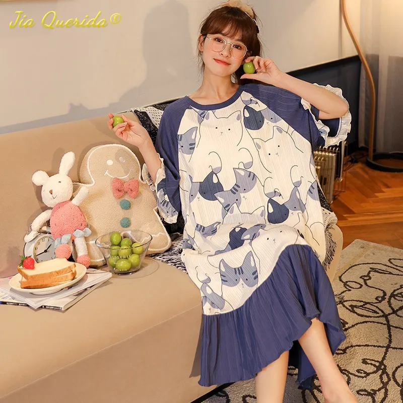 

New Kawaii Kitty Printing Casual Dress for Young Girls Knitted Cotton Fashion Women Nightgown Lingerie Homedress for Youth Lady