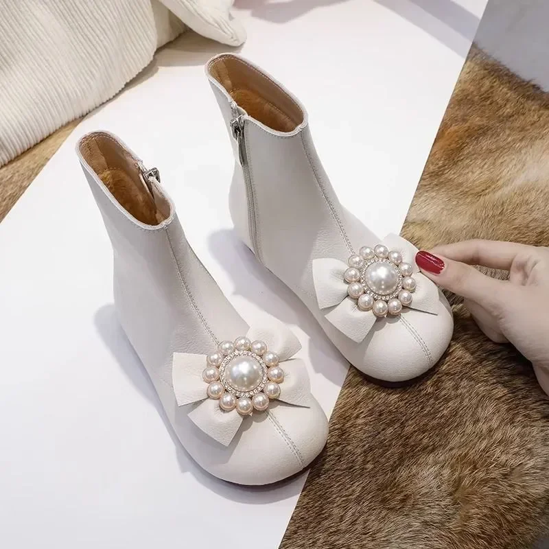 Новинка 2023, ботинки для девочек с бантом и цветами, шикарная детская модная короткая обувь принцессы, блестящая детская обувь для свадьбы