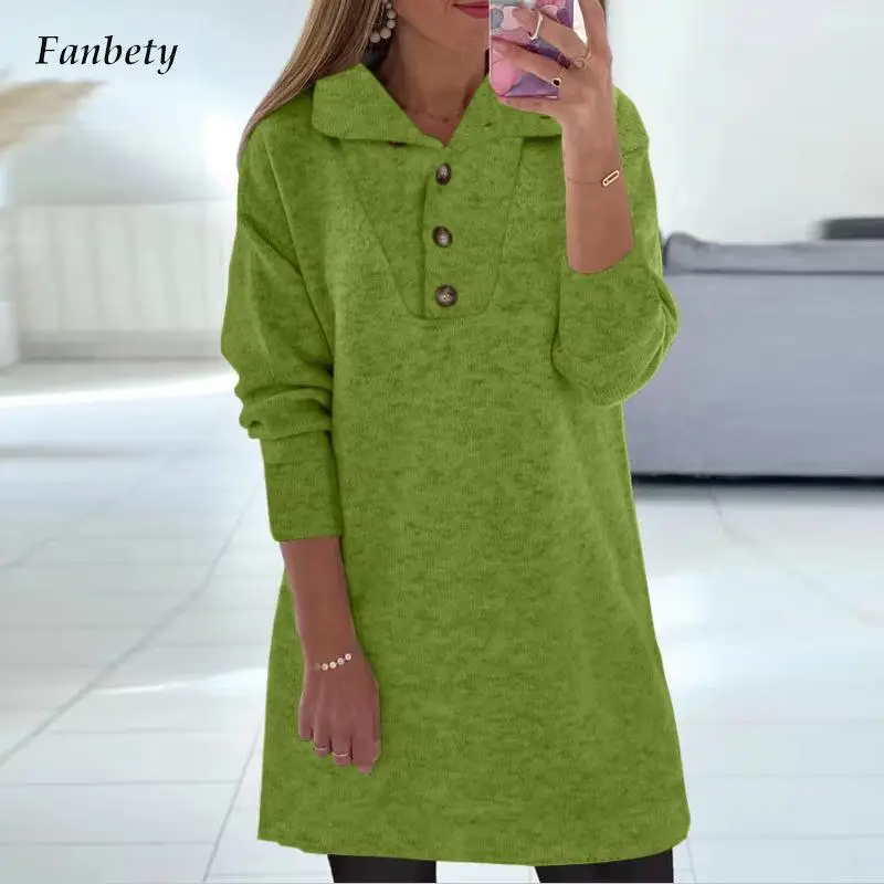 

Fashion Turn-down Collar Solid Party Dress Women Casual Long Sleeve Loose Pullover Dress Office Elegant Button Sweatshirt Dress