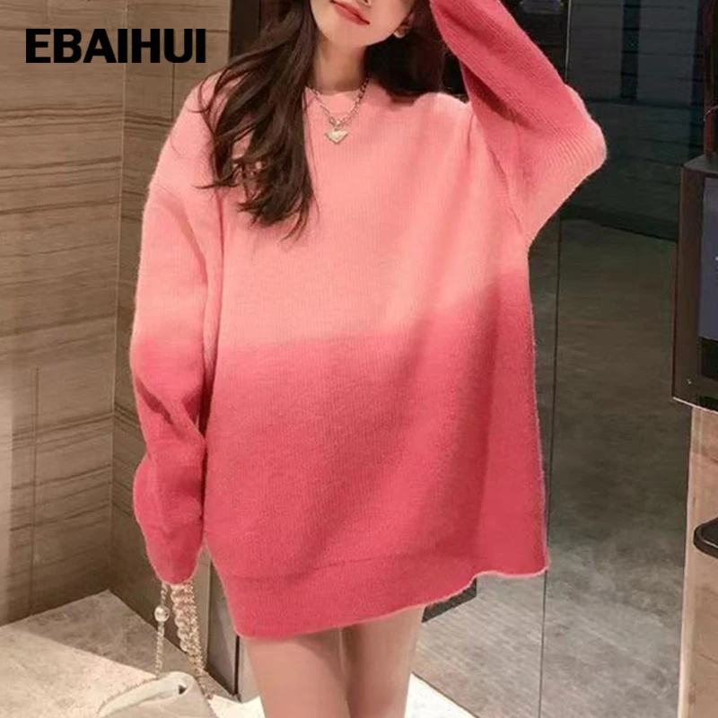 

Зимний женский розовый свитер EBAIHUI с круглым вырезом, корейская мода, Свободный пуловер для отдыха, вязаные топы с длинными рукавами