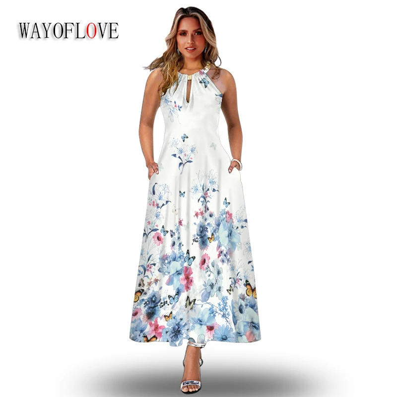 

WAYOFLOVE Summer Sexy Strap Woman Long Dress Elegant Casual Beach Holiday Sleeveless Vestidos Flowers Print Slim Vintage Dresses