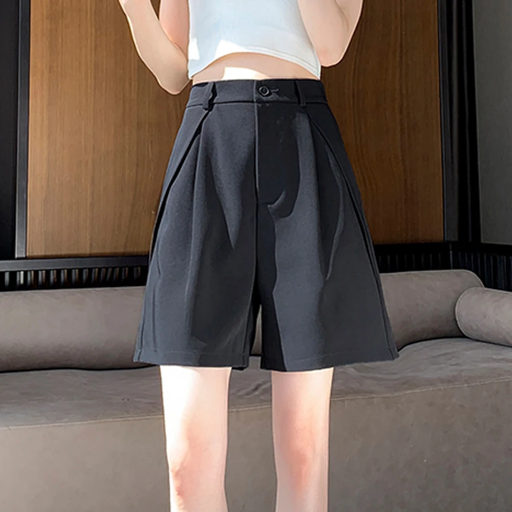 

Summer Casual High Waist Shorts for Women Button Elastic Waist Knee Length Straight Wide Leg Short Suit Pants Streetwear Trouser