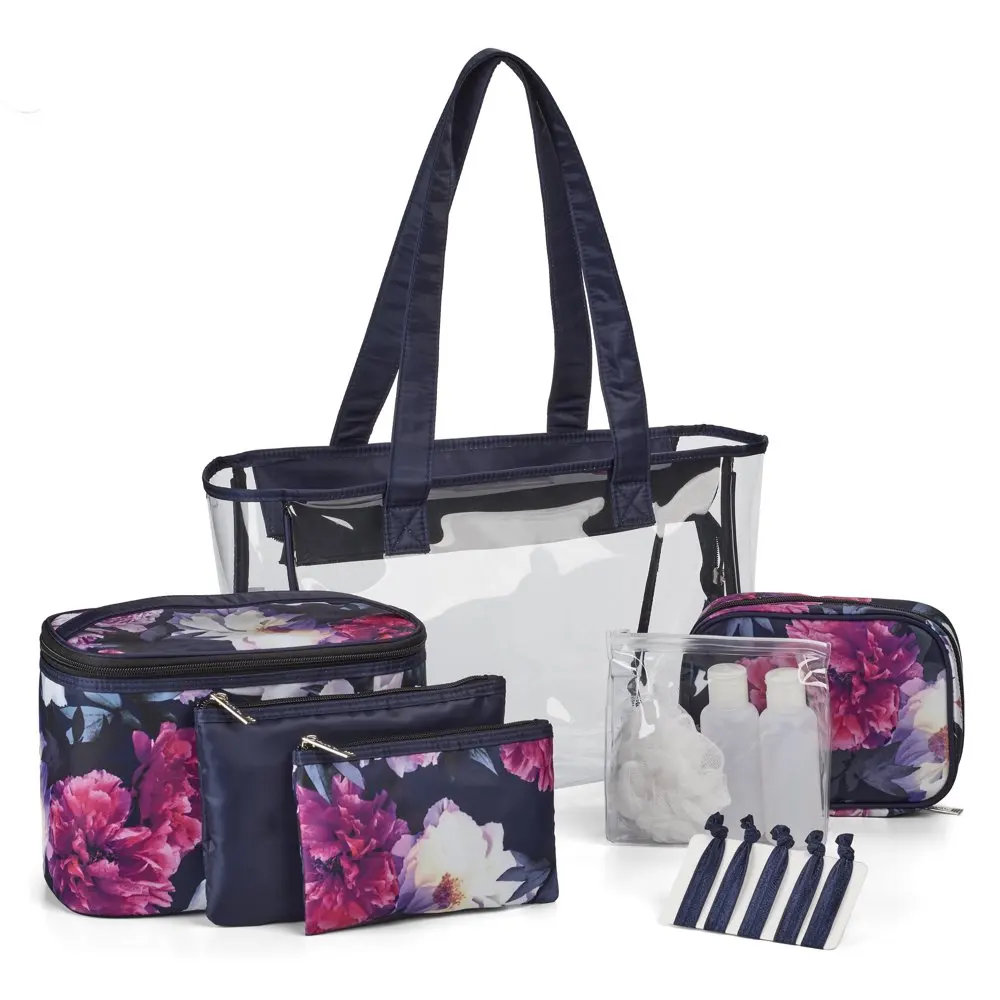 

14-Piece PVC Travel Tote with Pink Floral Train Case, Accessory Pouches, Bath & Shower Essentials, Cosmetic Clutch, and Hair Ela