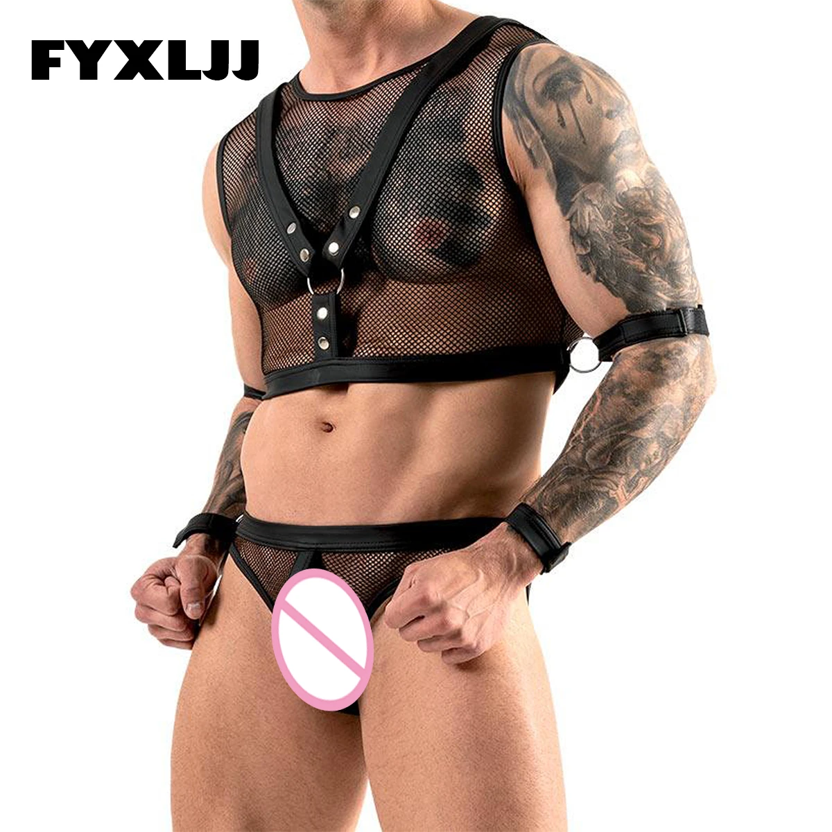 

FYXLJJ Men Mesh Splice Thong Catsuits Sets Erotic Leather Mesh Lingerie Playsuit Thongs Man Sleeveless Clubwear Leotard G String