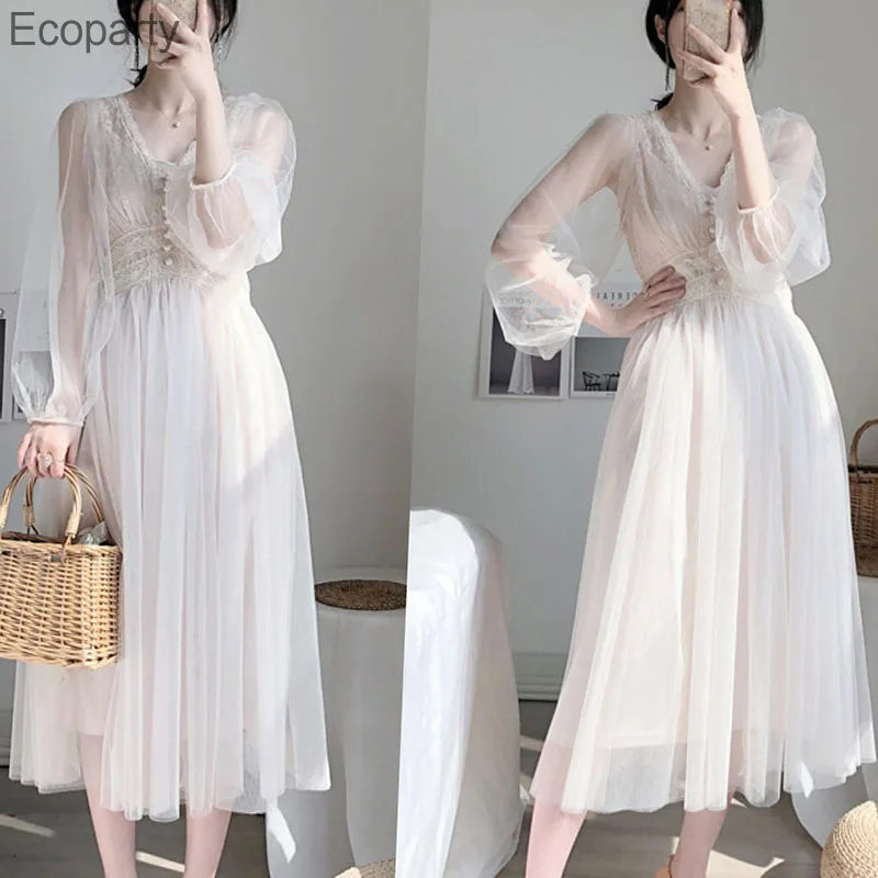 

Temperament Women's Mesh Midi Dresses Spring Autumn Puff Sleeved Lace Stitching Beach Dress Plus Size White Female vestido Korea