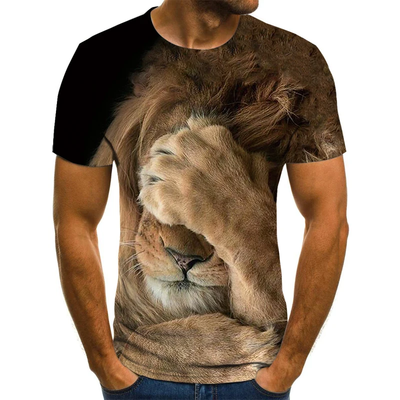 

Personalized fun color bright high quality trendy and versatile men's T-shirt tops shy little lion print style casual short-slee