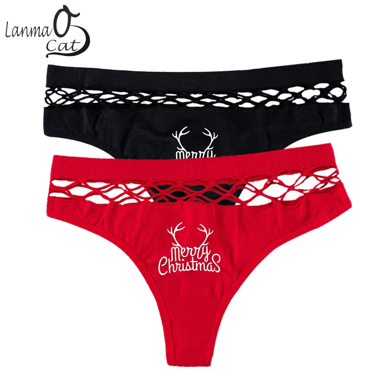 

Fan Sweet Cute Cartoon Christmas G String Women Panties Sexy Thongs Hollow Out Bikini Underwear Plus Size Female Lingerie