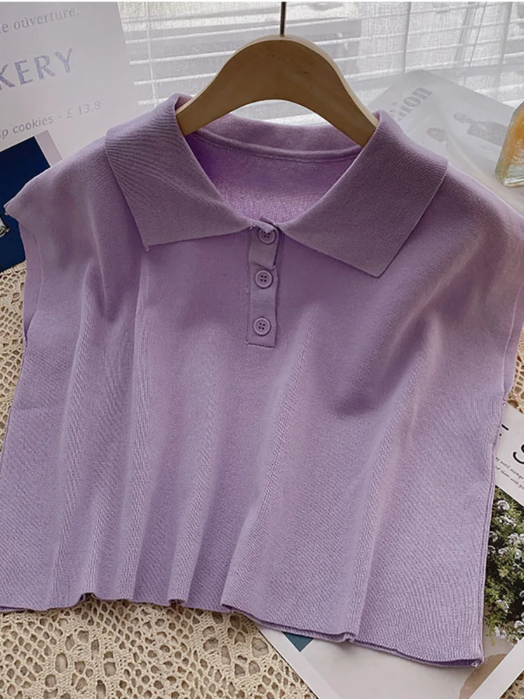 

Elliexi Women Pink Turn-down Collar T-shirts Sleeveless Button Up Knitted Solid Tees Women Summer 2022 Casual Tank Tops