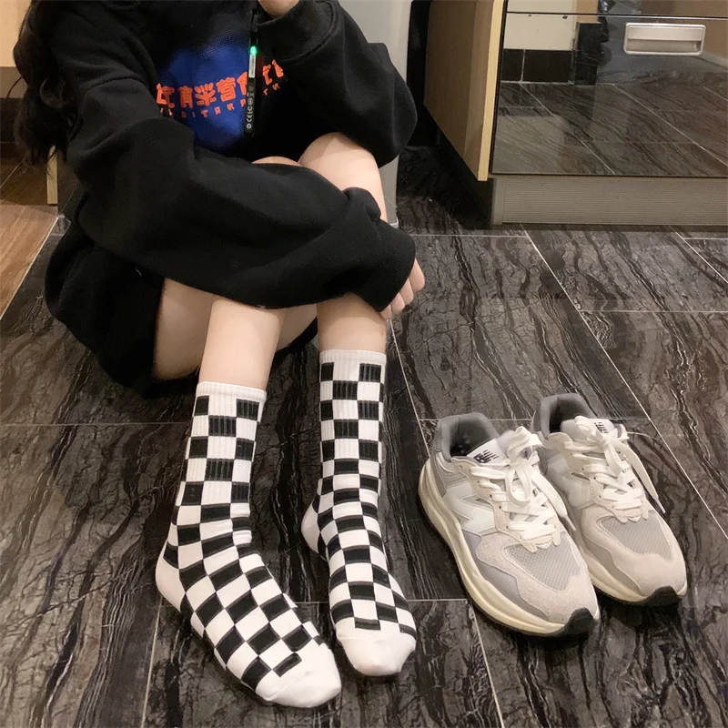 Harajuku Knee High Socks Gothic Lolita Novelty Checkerboard Nylons Woman High Stocking Chausette Femme
