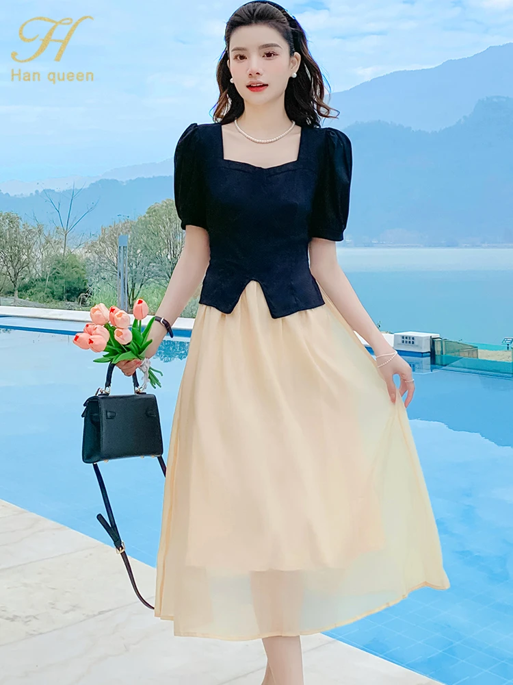 

H Han Queen 2023 Elegant Fashion Summer Vestidos Professional Office Dress Women Black Patchwork A-Line Casual Simple Dresses
