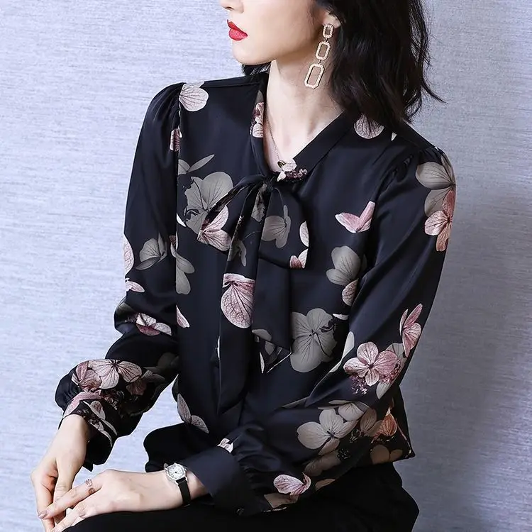 

Fashion Printing Ladies Scarf Collar Shirts Women's Blouses 2022 New Spring Autumn Long Sleeve Shirts Tops Blusas Mujer T735