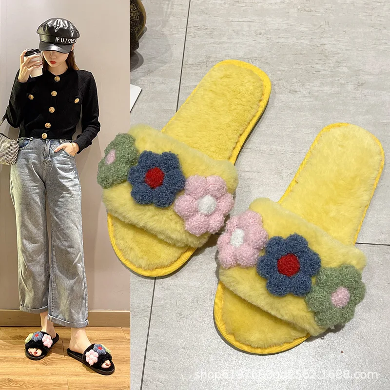 

2022 Four Seasons New Slippers Women's Fashion Personality Lovely Flowers Plush Home Indoor Flip Fops TX-54