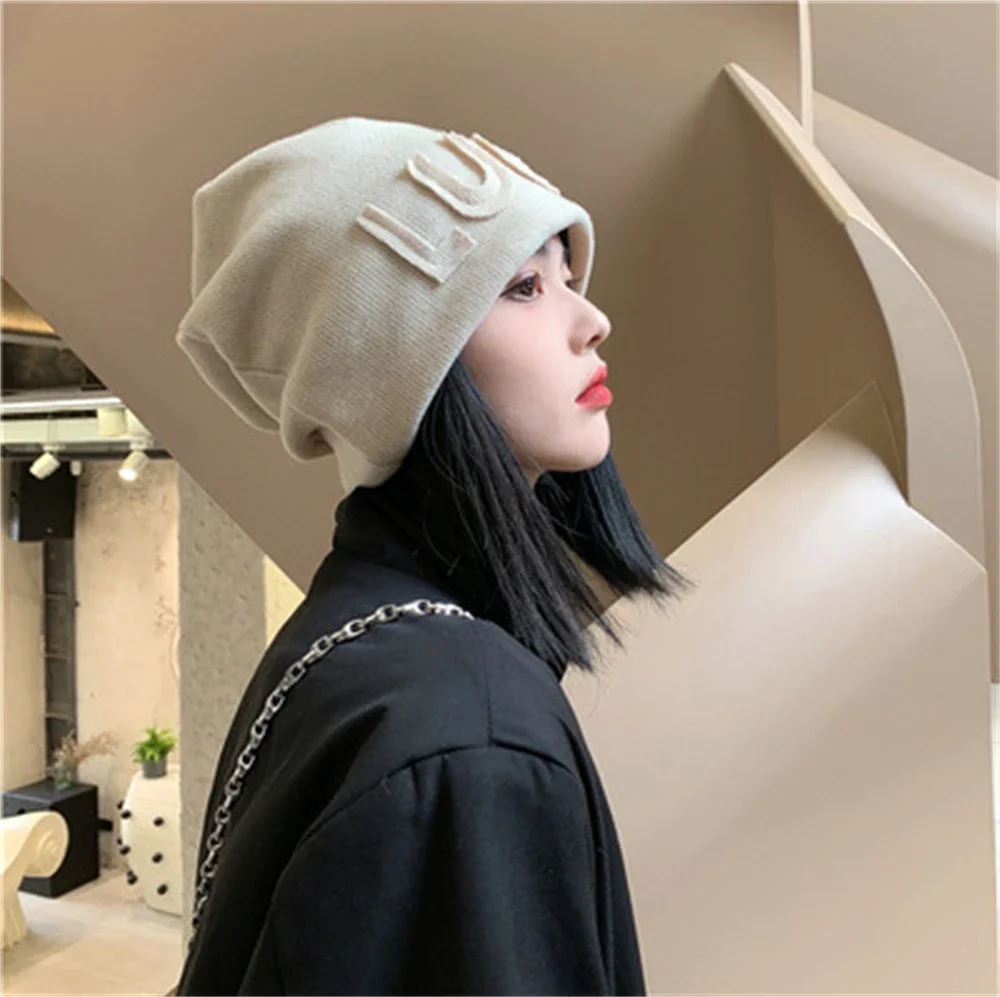 New Loose Big Head Knitted Hat Autumn and Winter Japanese-Style Woolen Luck Letter Hat Unisex Dome Ear Cap Clothing Accessories