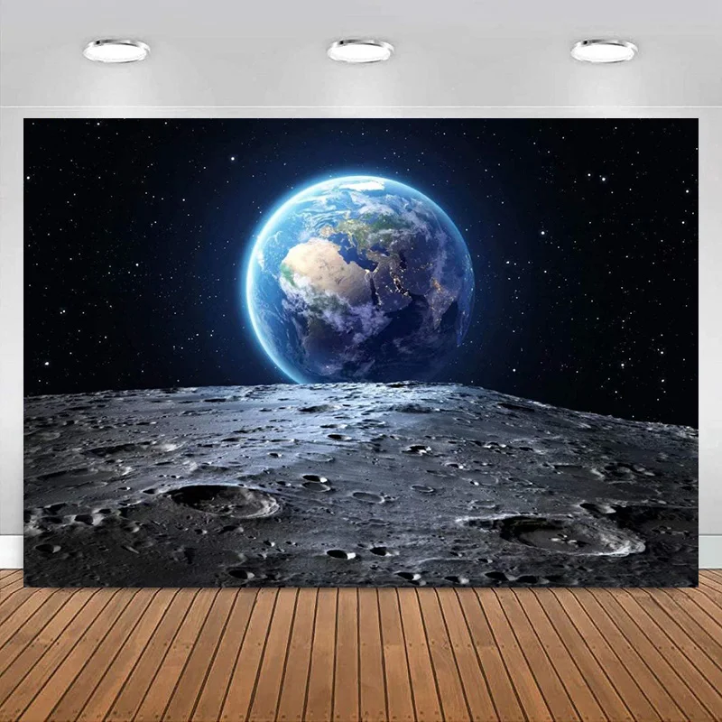 

Outer Space Galaxy Universe Background Earth Moon Surface Planet Stars Photography Backdrop for Birthday Party Decoration Banner