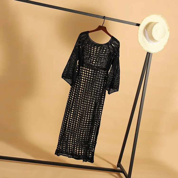 

Women 2022 Summer Hollow Out Swimsuit Cape Long Crochet Beach Cover Up Waist Ladies Bikini Dress Sexy Lace Tunic Bathing Suit