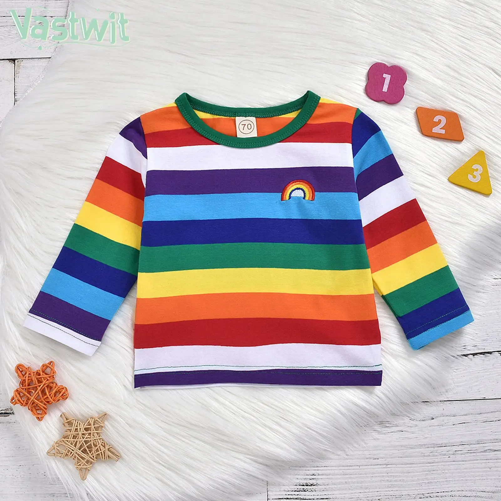 

Infant Boys Girls Casual Cotton T-shirt Fashion Long Sleeve Rainbow Striped Tops Baby Spring Autunm Tees Loungewear Daily Wear