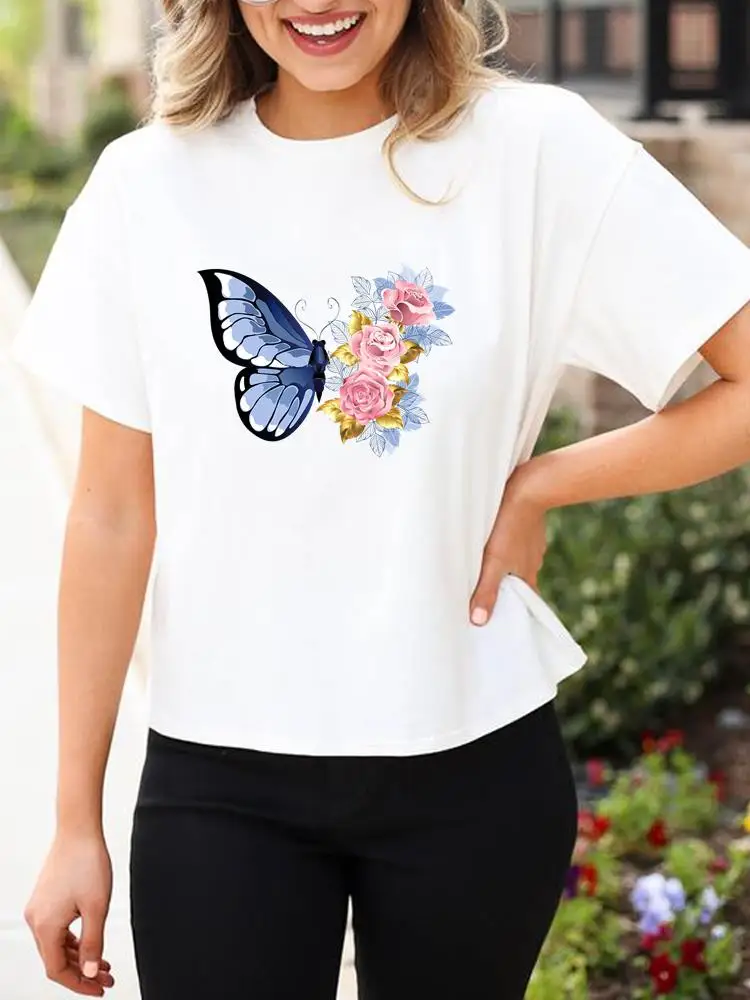 

Футболка женская летняя с цветочным принтом, модная рубашка с рисунком бабочки и крыльев, Повседневная футболка с графическим принтом