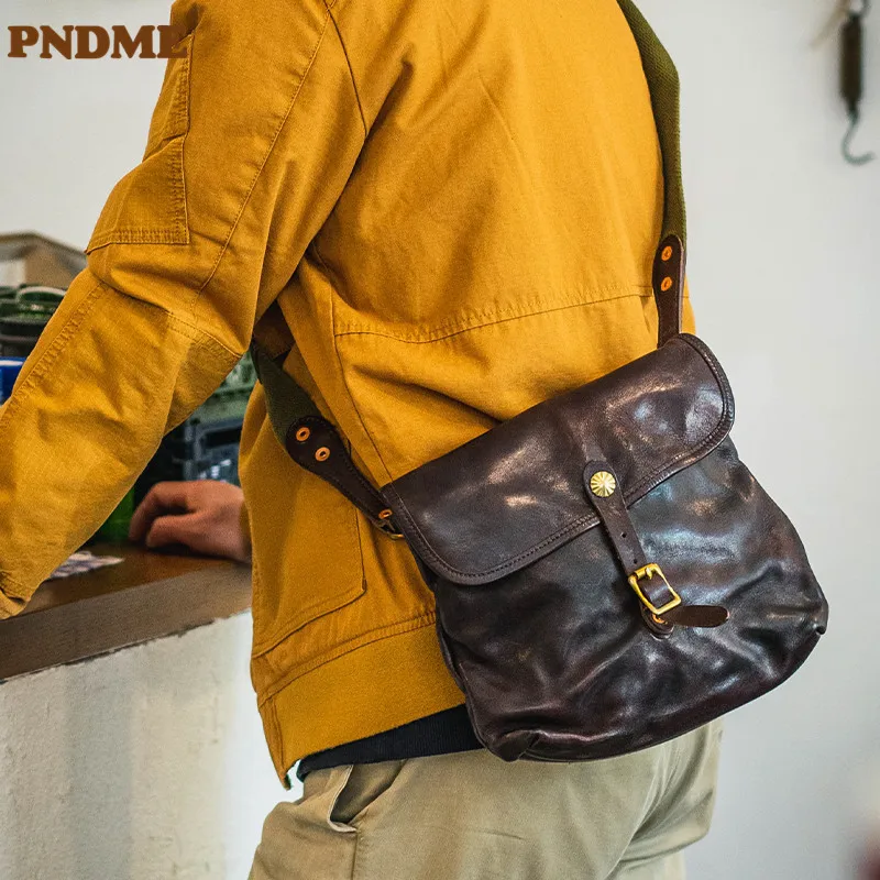 

PNDME organizer fashion vintage designer luxury genuine leather men's crossbody bag weekend daily real cowhide teen shoulder bag