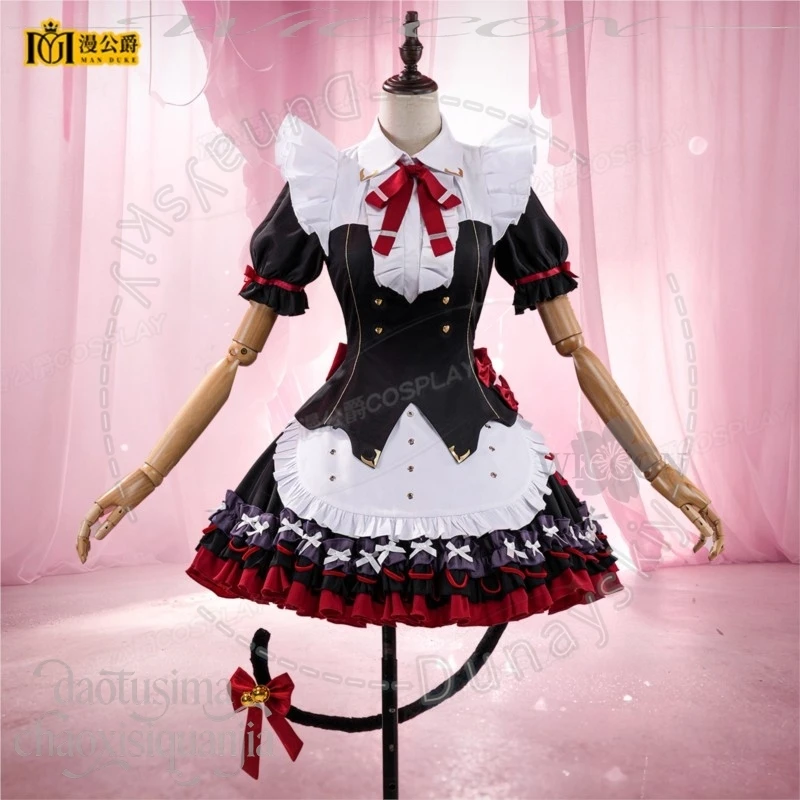 Фото Костюм горничной Chisa Cat Tail Sweet Gothic: черно-бело-красное мини-платье с рюшами, длинный парик, значок Wuthering Waves для Хэллоуина и косплея №3