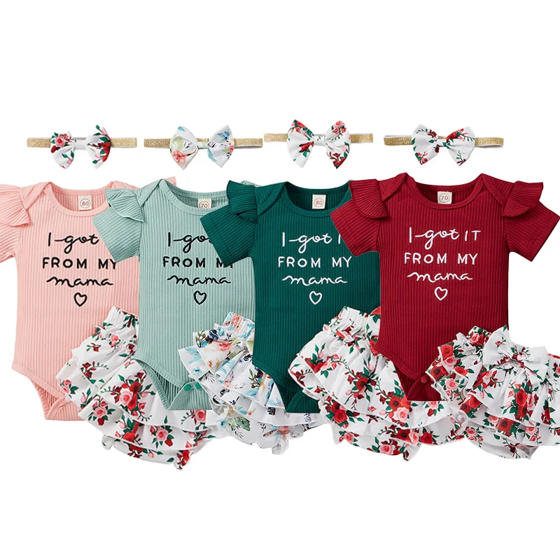 Summer Newborn Baby Girl Clothes Set Short Sleeve Letter embroidered flying sleeve top Floral Printed skirt pants Headband 3 Pcs