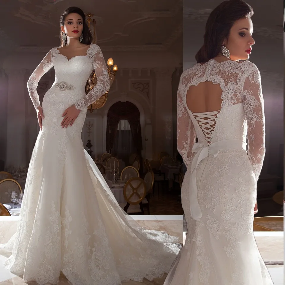 

Sheer Long Sleeve Lace Beading Mermaid Vestido De Noiva bridal gown 2018 Casamento Robe De Mariage mother of the bride dresses