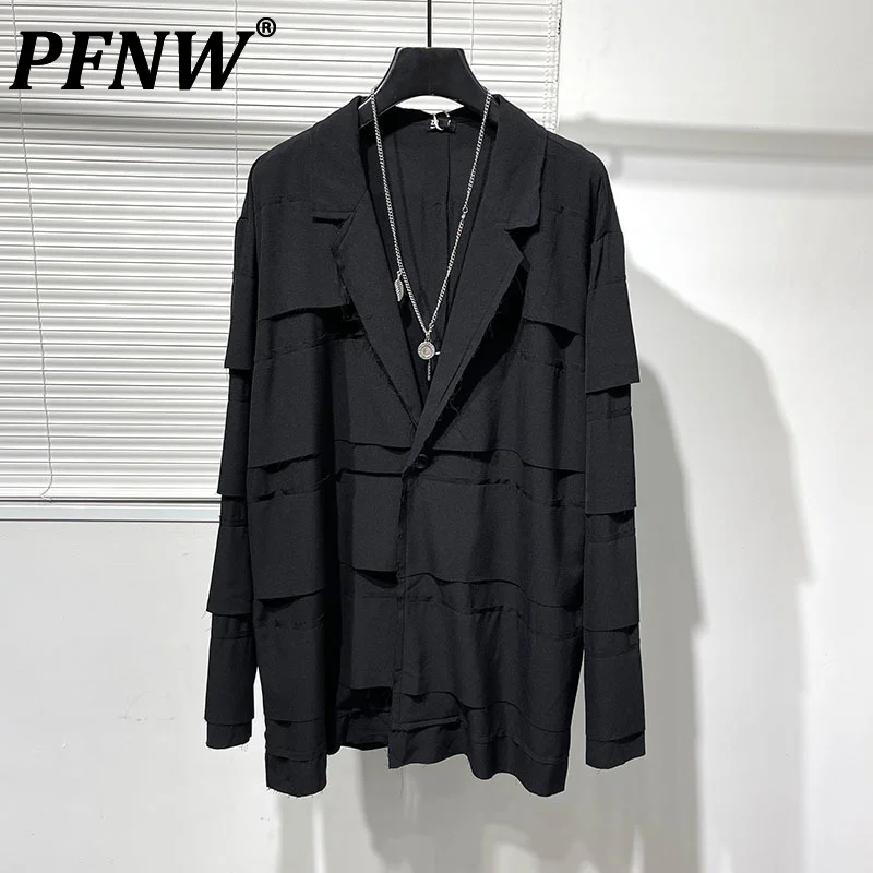 

PFNW Original Darkwear Trendy Men's Personality Multi-layer Patchwork Rough Edges Medium Length Trench Coat Gothic Style 12Z2379