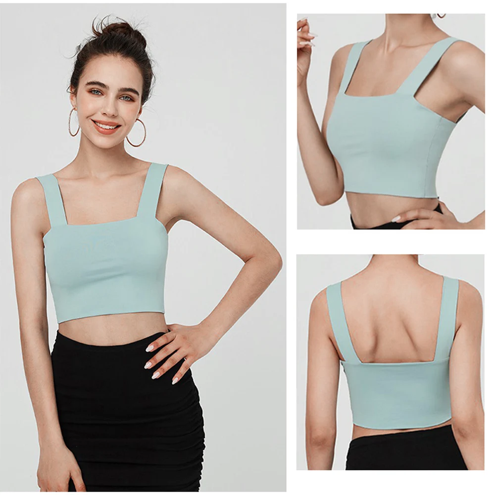 

Womens Summer Sleeveless Wide Strap Crop Tops Solid Thread Ribbed Knitted Vest Sexy Square Neck Backless Sports Tank Tops