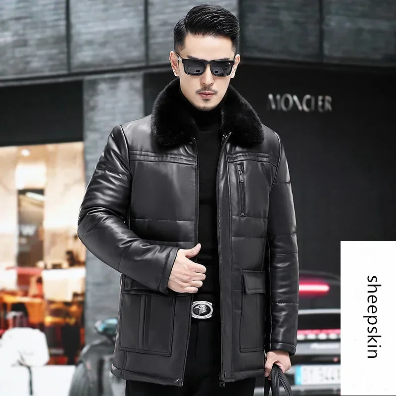 Мужской кожаный пуховик куртка средней длины из овчины натуральной кожи для папы
