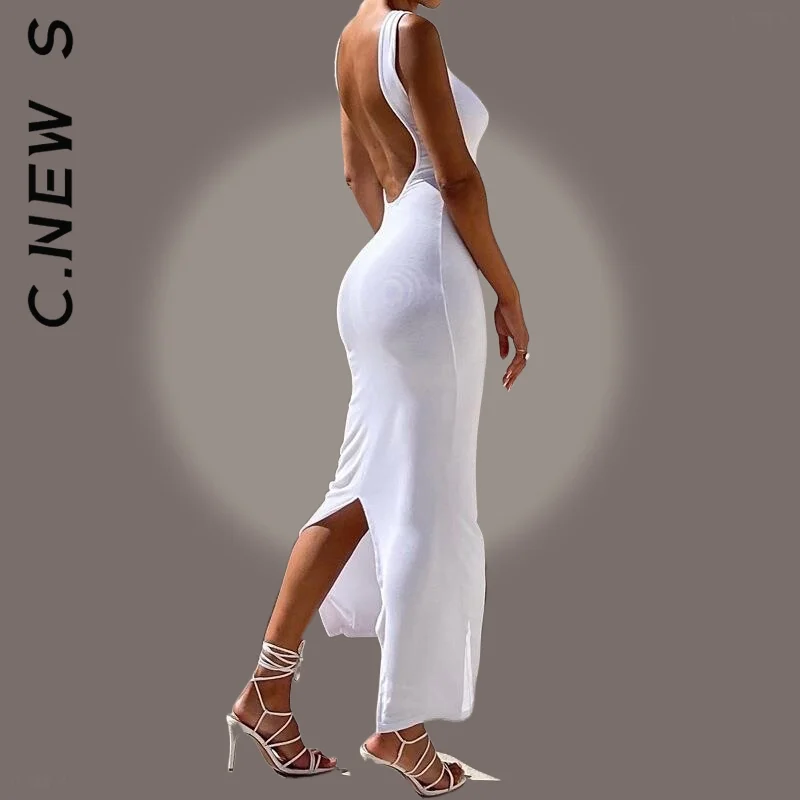 

C.New S Dress Fashion Women Hollow Out Sleeveless Split Bodycon Party Dress All-Match Vintage Vestidos Female Woman Clothes