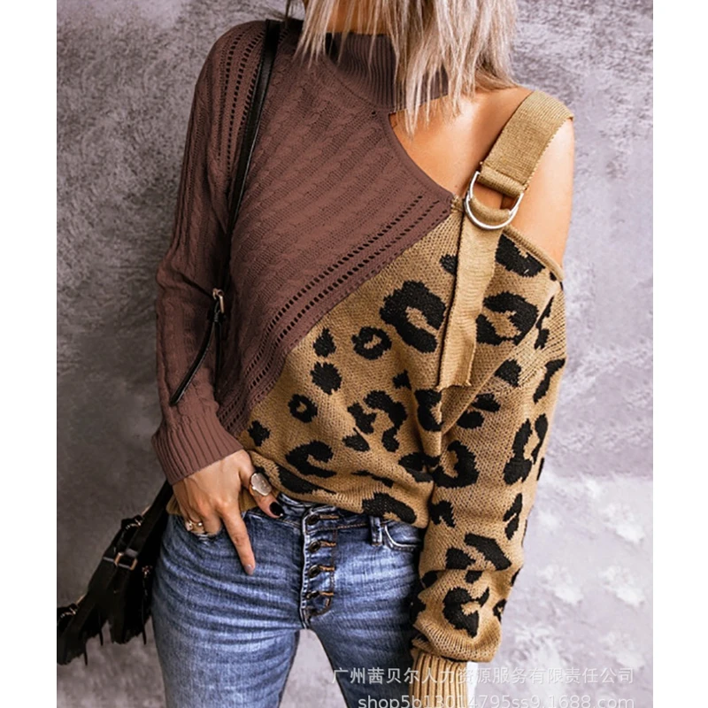 

Women's Knitted Sweater Autumn Leopard Splicing Off Shoulder Hollow Out Sweater Women Long Sleeve Turtleneck Openwork Sweater
