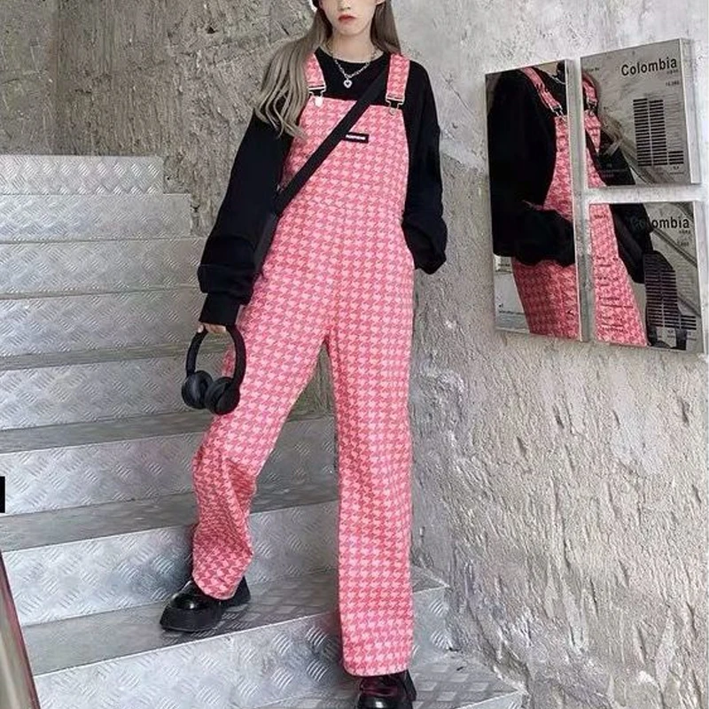 

Женский клетчатый комбинезон, свободный розовый комбинезон в Корейском стиле с высокой талией и широкими штанинами, слитный наряд на весну ...
