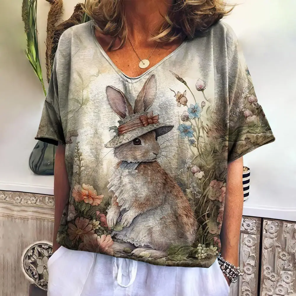 Женская Винтажная футболка с коротким рукавом и V-образным вырезом