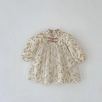 2022 autumn new girl baby chinese style flower long sleeves princess dress children cotton print mesh loose casual party dresses