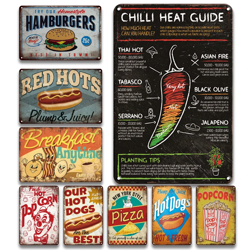 

Chili Poster Tin Sign Vintage Popcorn Hot Dog Metal Painting Signs Children's Playground Kitchen Decor Wall Sticker Plates