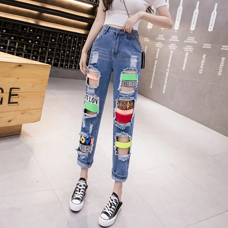 2023 Fashion Brand Design Feeling Broken Hole Jeans Female Summer High Waist Straight Barrel Beggar Dad Chic Cropped Feet Pants