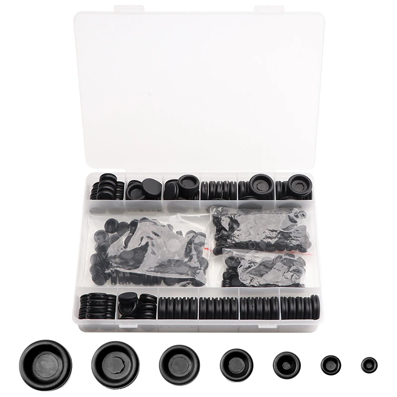 400PCS 7.14mm-25.4mm Black Rubber Grommet Washer Hole Plug Single Sided Kit Blanking 7 Popular Sizes Seals Assortment Boxed
