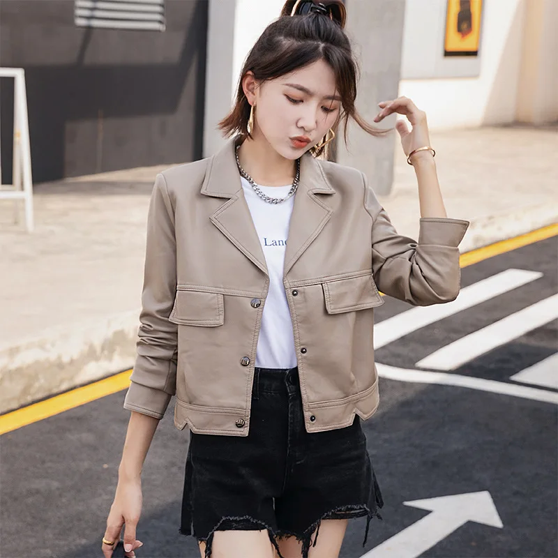2022 Leather Coat Women's Short Lapel Fitted Leather Coat Motorcycle Leather Jacket Pu Leather Top Yellow Sweet Girl Leather Top